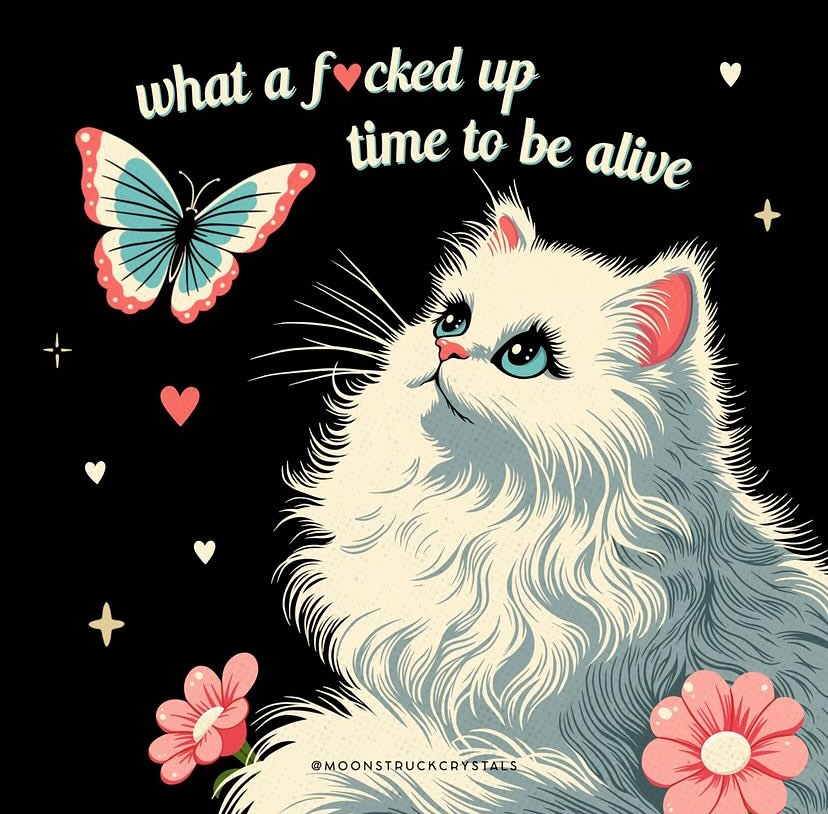 The meme features a cartoon cat with a sassy expression, accompanied by the phrase "what a f***ed up time to be alive" in a playful, cursive font. The cat's eyes are depicted with a "wink" emoticon, adding to its mischievous tone. The overall image conveys a sense of irony and humor, poking fun at the absurdity of modern life.